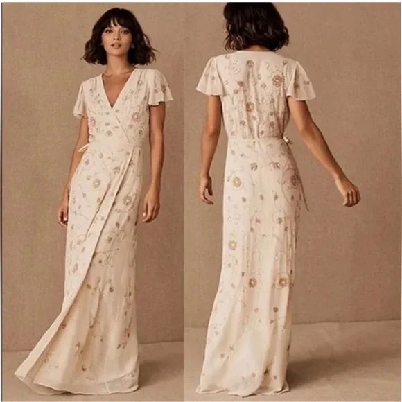 🌺BHLDN Plymouth Wrap Flutter Sleeve Beaded Maxi 👗Gown - Picture 3 of 17